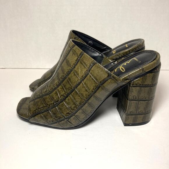 Lulus Croc Pattern Peep Toe Block Heel Mules Womens 7.5 Olive Green Faux Leather - Picture 2 of 10